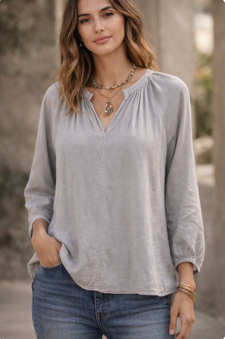 Johnny Was Calme Gray Silk Peasant Blouse Medium Boho Luxe Top Athleisure Staple